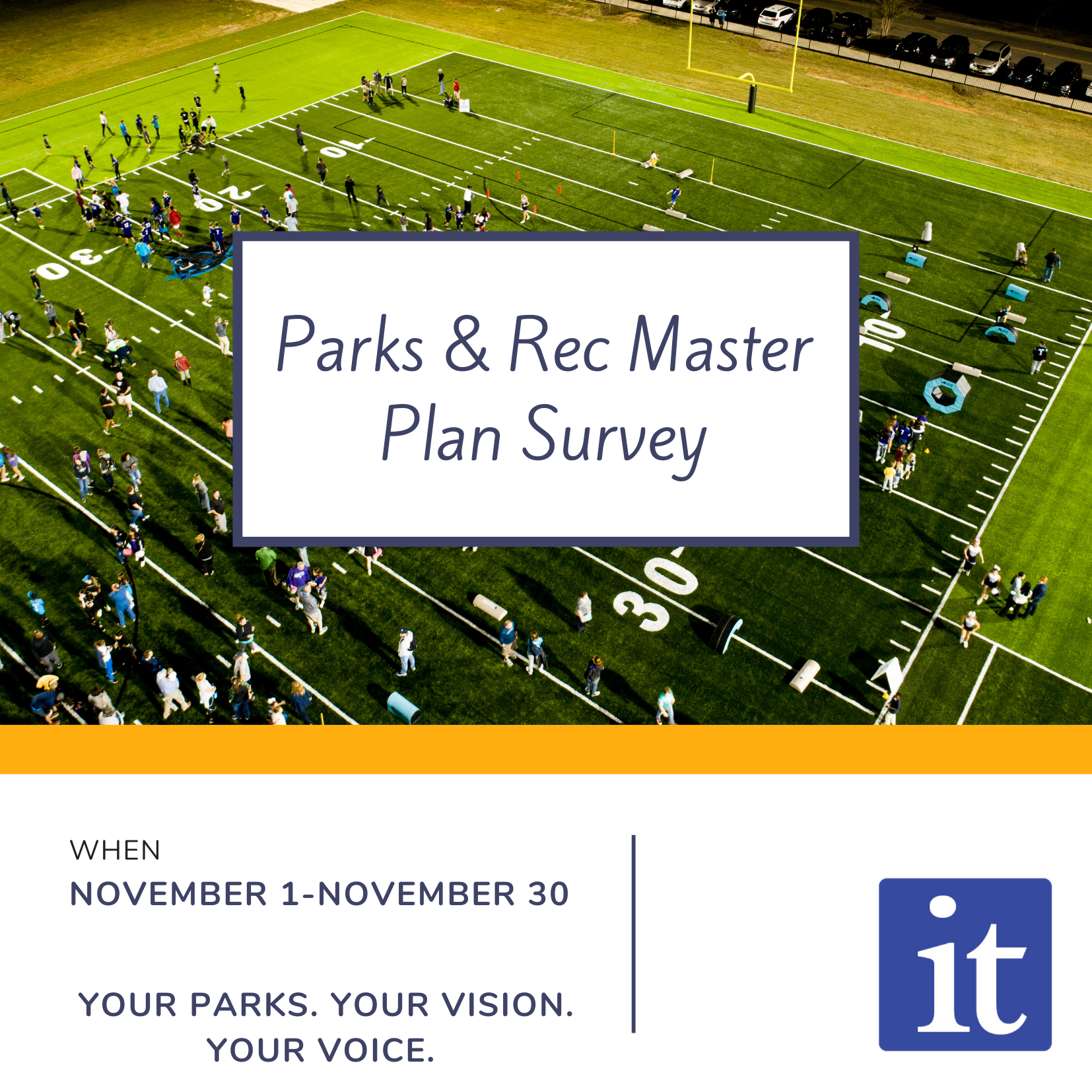 Aerial photo of children playing on a football field. 