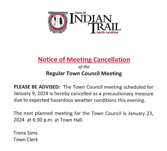 Notice of Meeting Cancellation: Jan. 9, 2024, Town Council Meeting