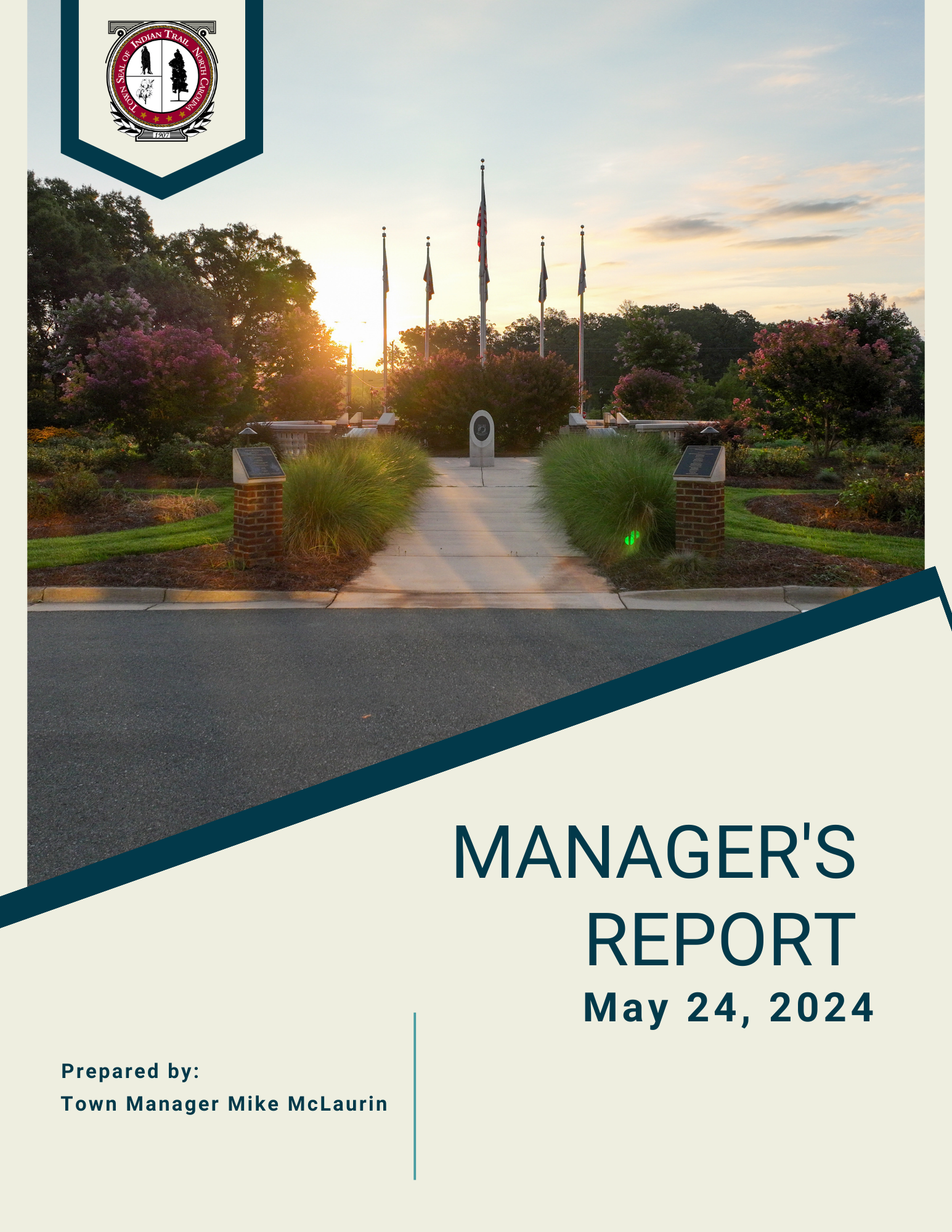 May 24 Town Manager's Report cover page featuring the veterans memorial garden
