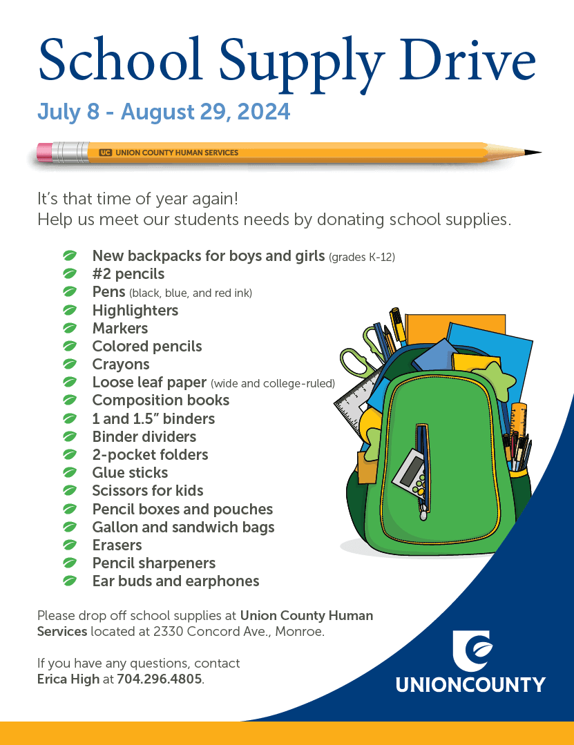 A list of needed supplies for the School Supply Drive