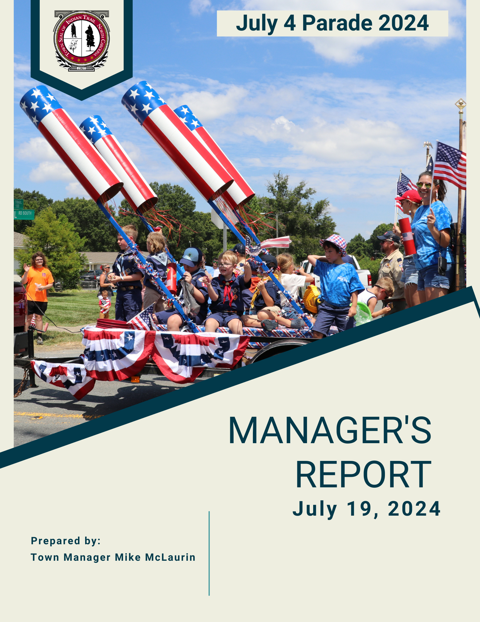 July 19 Manager's Report cover featuring a photo of a patriotic float in the July 4 parade.