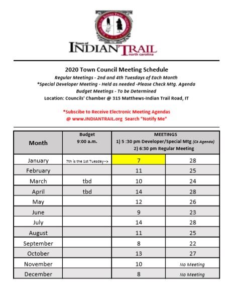 2020 Town Council Meeting Schedule