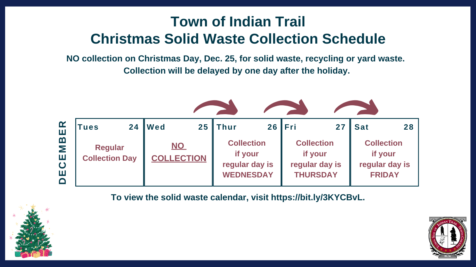 All solid waste services for Dec. 25 and the remainder of the week will be delayed by one day. Regular Wednesday service will occur on Thursday, regular Thursday service will occur on Friday, and regular Friday service will occur on Saturday